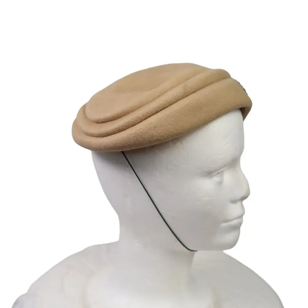 Vintage 50's tan felt wool bead embellished fascinator beret hat - Picture 5 of 8